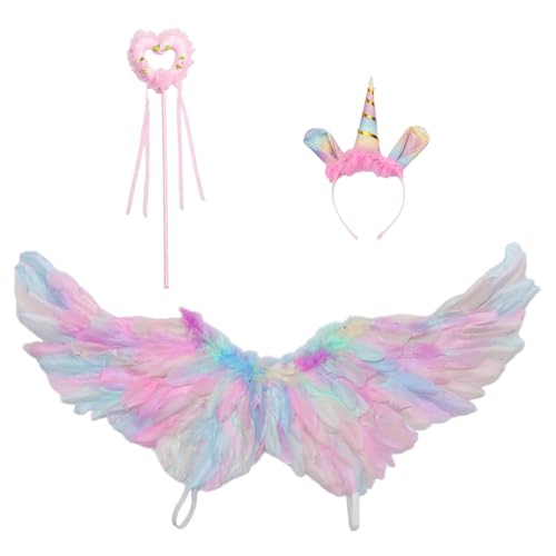 MSemis Kinder Prinzessin Federflügel Herzförmiges Stirnband Und Zauberstab Für Halloween Festival Cosplay Party Buntes L Einheitsgröße von MSemis