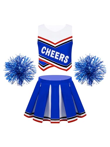 MSemis Kinderkostüm Cheer leader Kinder Mädchen Cheerleading Costume mit Pompoms American Football High School Schuluniform, Motto-Party Karneval Königsblau A 170 von MSemis