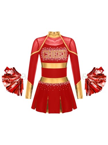 MSemis Mädchen Cheer Leader Cheerleading Kostüm Langarm Schulmädchen Uniform mit Pom Pom Karneval Fasching Party Halloween Kostüm Rot 134-140 von MSemis