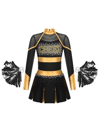 MSemis Mädchen Cheer Leader Cheerleading Kostüm Langarm Schulmädchen Uniform mit Pom Pom Karneval Fasching Party Halloween Kostüm Schwarzes Gold 122-128 MSemis Mädchen Cheer Leader Cheerleading Kostüm Langarm Schulmädchen Uniform mit Pom Pom Karneval Fasching Party Halloween Kostüm Schwarzes Gold 122-128 von MSemis