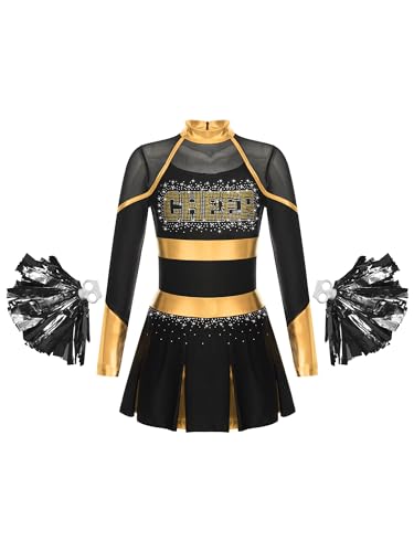 MSemis Mädchen Cheer Leader Cheerleading Kostüm Langarm Schulmädchen Uniform mit Pom Pom Karneval Fasching Party Halloween Kostüm Schwarzes Gold 146-152 von MSemis