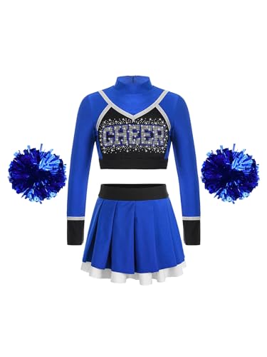 MSemis Mädchen Cheer Leader Kostüm Cheerleadering-Kostümuniform mit Pompons Socken Kinder Cheer Outfit Karneval Kostüm Ein blaues A 122-128 von MSemis
