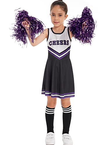 MSemis Mädchen Cheer leader Kostüm Cheerleading Schulmädchen Uniform Karneval Fasching Party Halloween Kostüm Kleid Minirock mit 2 Pompoms und Socken Schwarz 122-128 von MSemis