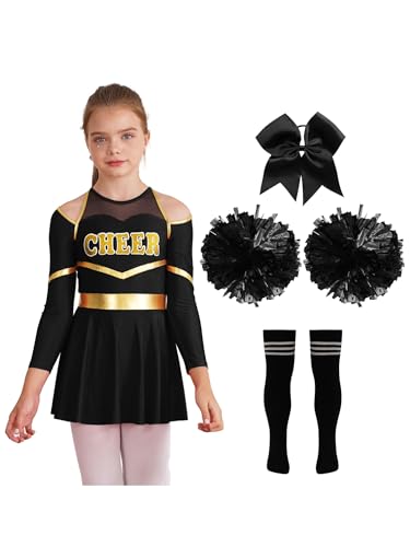 MSemis Mädchen Cheer leader Kostüm Outfit mit POM Poms - Faschingskostüm Sport High School Musical Halloween Outfit Ein Schwarz-Weiß D 122-128 von MSemis
