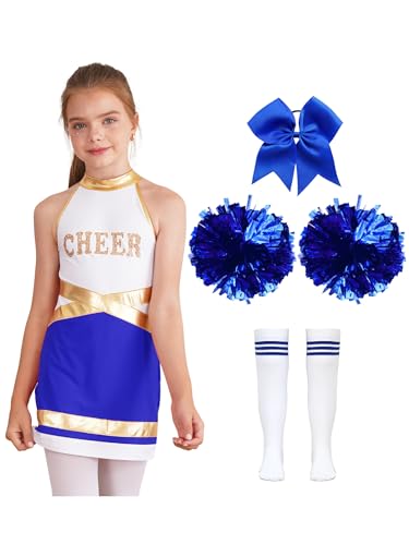 MSemis Mädchen Cheer leader Kostüm Outfit mit POM Poms - Faschingskostüm Sport High School Musical Halloween Outfit Ein blaues C 146-152 von MSemis