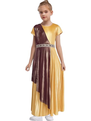 MSemis Mädchen Griechische Toga Robe Kurzarm Antike Göttin Prinzessinkleid Vintage Maxikleid für Halloween Karneval Gold 158-164 von MSemis