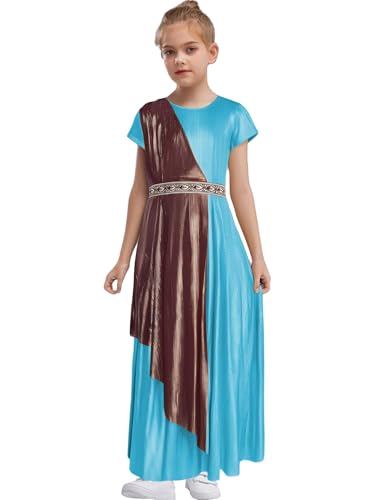 MSemis Mädchen Griechische Toga Robe Kurzarm Antike Göttin Prinzessinkleid Vintage Maxikleid für Halloween Karneval Himmelblau 158-164 von MSemis