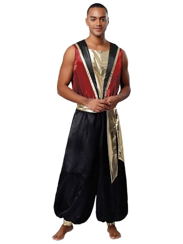 MSemis Männer Arabian Prince Kostüm Jumpsuit Lange Pumphose Costume mit V-Ausschnitt Satinlose Hosen Metallgürtel für Halloween Karneval Fastnacht Verkleidung Ourfits Burgundy M von MSemis