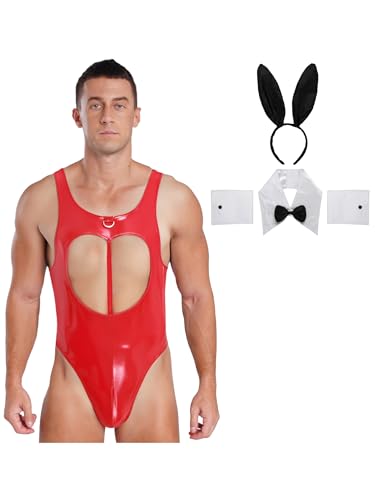 MSemis Männer Cosplay Sissy Bunny Outfit Einteiliges Leotard mit Accessoires PartyKleidung Halloween Outfits Rot XXL von MSemis
