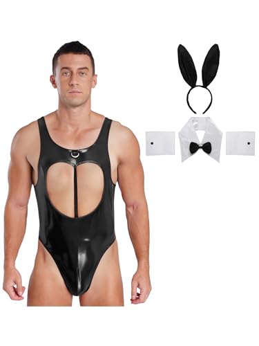 MSemis Männer Cosplay Sissy Bunny Outfit Einteiliges Leotard mit Accessoires PartyKleidung Halloween Outfits Schwarz XXL von MSemis