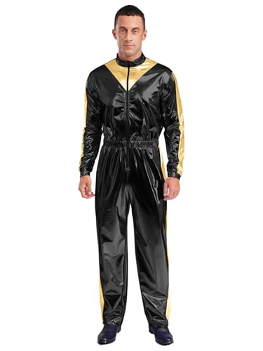MSemis Männer Metallic Bodysuit 70er Disco Ganzkörperanzug Langarm Jumpsuit Einteiler Stretch Playsuit Fasching Clubwear Schwarz L von MSemis
