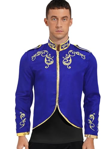 MSemis Männer Mittelalterliche Kostüm Königlicher Prinz Jacket Standkragen Langarm Goldbesticktes Halloween Fashing Verkleidung Blau XXL von MSemis