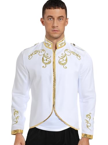 MSemis Männer Mittelalterliche Kostüm Königlicher Prinz Jacket Standkragen Langarm Goldbesticktes Halloween Fashing Verkleidung Weiß M von MSemis