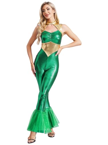 MSemis Meerjungfrauen Kostüm für Damen Ärmelloser Jumpsuit Fischschuppen Overall Glänzend Jumpsuit Mit Kapuze Ganzanzug Karneval Halloween Grün 3XL von MSemis