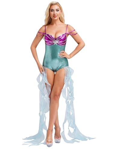 MSemis Meerjungfrauenkostüm für Damen Bodysuit Fisch Schuppen Jumpsuit Turnanzug und langen Tüll-Rüschenbändern Strampler Bodysuit Badeanzug Faschingskostüm Minzgrün 3XL von MSemis
