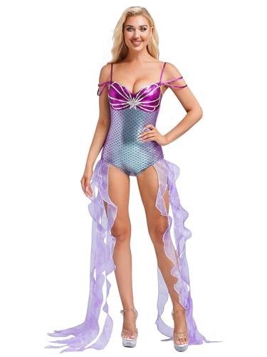 MSemis Meerjungfrauenkostüm für Damen Bodysuit Fisch Schuppen Jumpsuit Turnanzug und langen Tüll-Rüschenbändern Strampler Bodysuit Badeanzug Faschingskostüm Violett XL von MSemis
