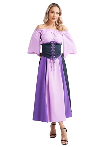 MSemis Mittelalter Kleid Damenn Renaissance Retro Partykleid Schulterfrei Mittelalter Maxikleid Halloween Karneval Kostüm Violett 3XL von MSemis