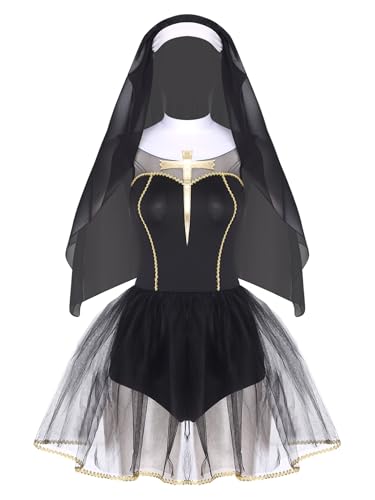 MSemis Nonnenkostüm für Damen mit Kapuze Nonnenkleid Traditionelles Kostüm Uniform Kleid mit Kopftuch für Halloween Party Outfit Schwarz L MSemis Nonnenkostüm für Damen mit Kapuze Nonnenkleid Traditionelles Kostüm Uniform Kleid mit Kopftuch für Halloween Party Outfit Schwarz L von MSemis
