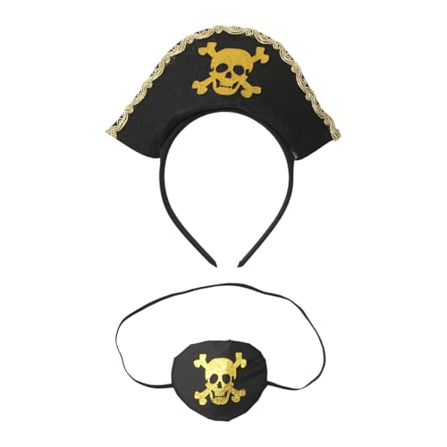 MSemis Piratenkostüm Zubehör Totenkopf Druck Piratenhut Stirnbänder Und Augenklappen Für Cosplay Party Gold Einheitsgröße von MSemis
