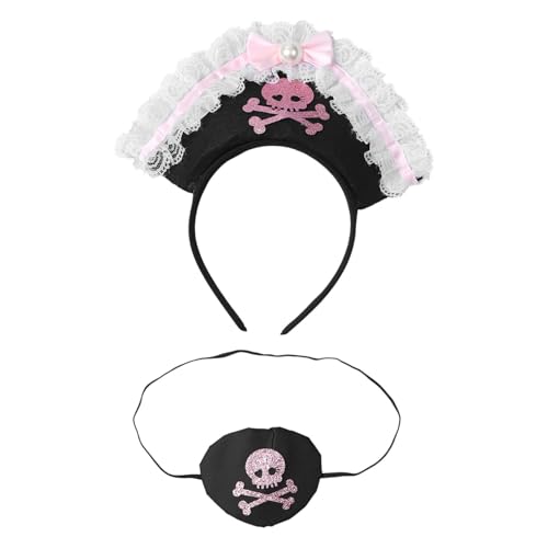 MSemis Piratenkostüm Zubehör Totenkopf Druck Piratenhut Stirnbänder Und Augenklappen Für Cosplay Party Rosa Einheitsgröße von MSemis