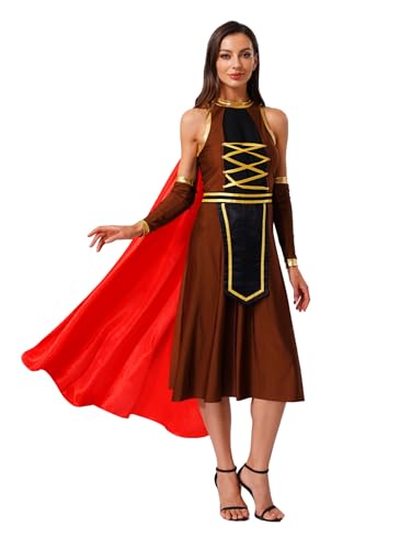 MSemis Römerin Kostüm Damen Warrior Cosplay Kleid mit Abnehmbaren Ärmeln Antikem Umhang für Halloween Karneval Umber XXL von MSemis