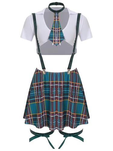 MSemis Schulmädchen-Kostüm 6-teilig Roleplay Set Damen Kurze Ärmel Cropped Tops mit Strumpfhalter Rock Tanga und Bogen Bein Bands Set Grün XXL MSemis Schulmädchen-Kostüm 6-teilig Roleplay Set Damen Kurze Ärmel Cropped Tops mit Strumpfhalter Rock Tanga und Bogen Bein Bands Set Grün XXL von MSemis
