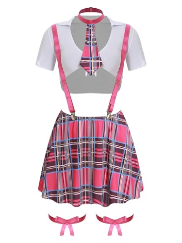 MSemis Schulmädchen-Kostüm 6-teilig Roleplay Set Damen Kurze Ärmel Cropped Tops mit Strumpfhalter Rock Tanga und Bogen Bein Bands Set Hot Pink XL MSemis Schulmädchen-Kostüm 6-teilig Roleplay Set Damen Kurze Ärmel Cropped Tops mit Strumpfhalter Rock Tanga und Bogen Bein Bands Set Hot Pink XL von MSemis
