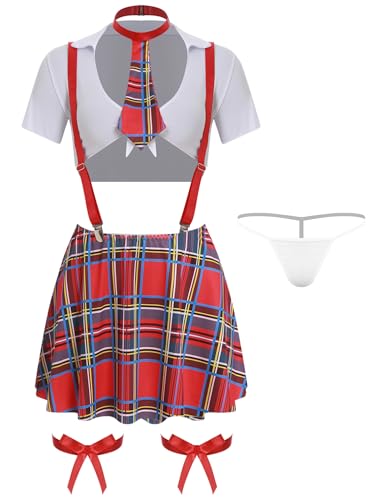 MSemis Schulmädchen-Kostüm 6-teilig Roleplay Set Damen Kurze Ärmel Cropped Tops mit Strumpfhalter Rock Tanga und Bogen Bein Bands Set Rot XXL MSemis Schulmädchen-Kostüm 6-teilig Roleplay Set Damen Kurze Ärmel Cropped Tops mit Strumpfhalter Rock Tanga und Bogen Bein Bands Set Rot XXL von MSemis