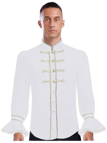 MSemis Steampunk Herren Jacke Gothic Viktorianisches Hemd Langarm Rüschenbluse Stehkragen Renaissance Retro Kostüm Halloween Fasching Showman Mottoparty Outfit Weiß XL von MSemis