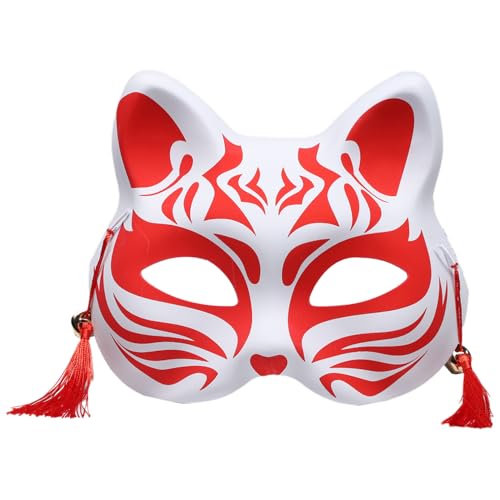 MSemis Unisex Japanische Halbgesichts Maske Tier Fuchs Katze Gesichtsmaske mit Quasten Glöckchen Maskerade Maske Fasching Performance Rot One Size von MSemis
