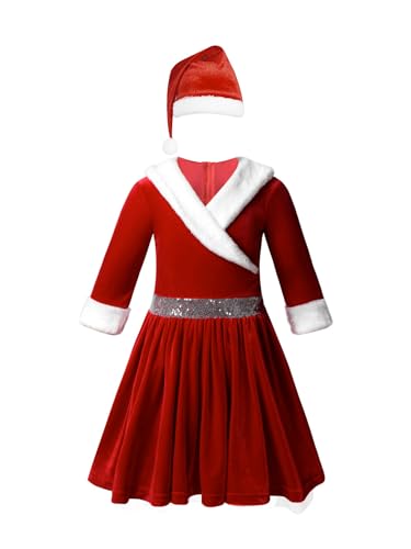 MSemis Weihnachtsfrau Kleid Mädchen Kinder Santa Weihnachtsmann Kostüm Set Langarm Prinzessin Nikolaus Kleid mit Hut Weihnachten Karneval Cosplay Rot 134-140 von MSemis