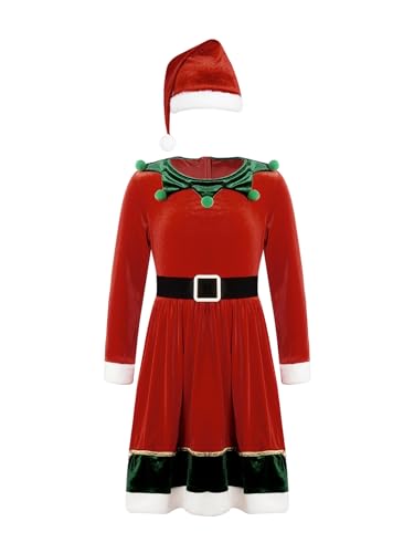 MSemis Weihnachtsfrau Kleid Mädchen Kinder Santa Weihnachtsmann Kostüm Set Langarm Prinzessin Nikolaus Kleid mit Hut Weihnachten Karneval Cosplay Rot D 122-128 von MSemis