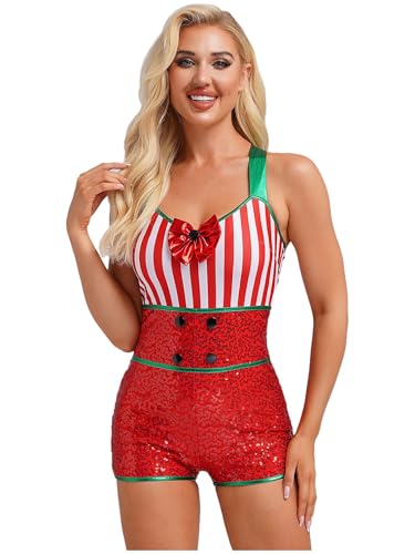 MSemis Weihnachtskostüm Overall für Damen Jumpsuit Pailletten Ärmellos Gestreifter Weihnachts Einteiliger Tanzanaug Candy Cane Zuckerstangen Kostüm Rave Rot S von MSemis