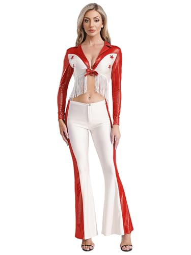 MSemis Western Cowgirl Kostüm Damen Quasten Crop Top Farbblock Schlaghosen Halloween Karneval Cosplay Hippie Outfit Mottoparty Kostüm Set Fasching Rave Clubwear Rot XL von MSemis