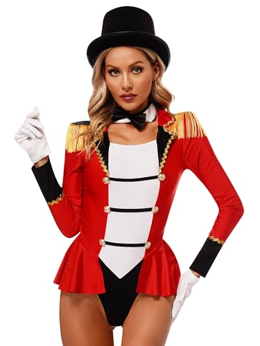 MSemis Zirkus Kostüm Damen Zirkusdirektor Dompteurin Kostüm Langarm Body mit Hut Schleifenkragen Handschuhe Karneval Fasching Halloween Rot S MSemis Zirkus Kostüm Damen Zirkusdirektor Dompteurin Kostüm Langarm Body mit Hut Schleifenkragen Handschuhe Karneval Fasching Halloween Rot S von MSemis