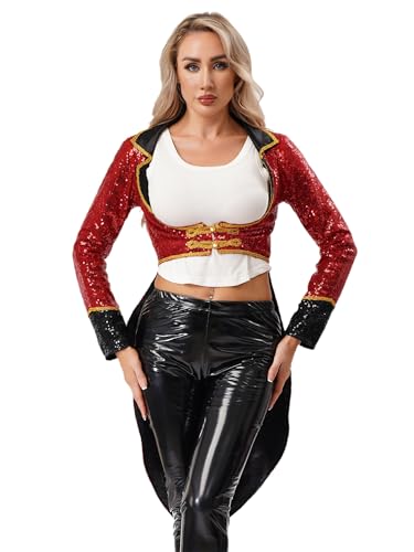 MSemis Zirkusjacke für Damen Kostüm Dompteur Gothic Steampunk Pailletten Smoking Langarm Zirkusdirektorin Frack Glänzende Tailcoat für Halloween Rave Weihnachten Rot M von MSemis
