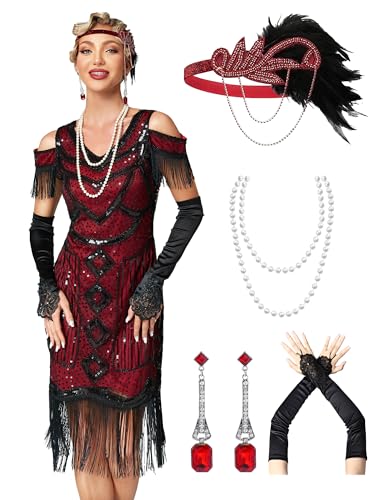 MTITE Great Gatsby Kleider 1920er Jahre für Damen, Vintage langes Fransen-Kleid brüllende 20er Jahre Pailletten Perlenkleid mit Accessoires Set (Rot, M) von MTITE