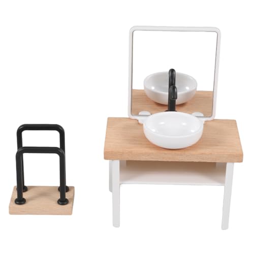 MUCKLILY 2 Stück Miniatur Waschbecken und Handtuchhalter aus Holz und Kunststoff für Puppenhaus Badezimmer 1:12 Maßstab Langlebige Puppenhausmöbel Realistische Miniaturmöbel Installieren von MUCKLILY