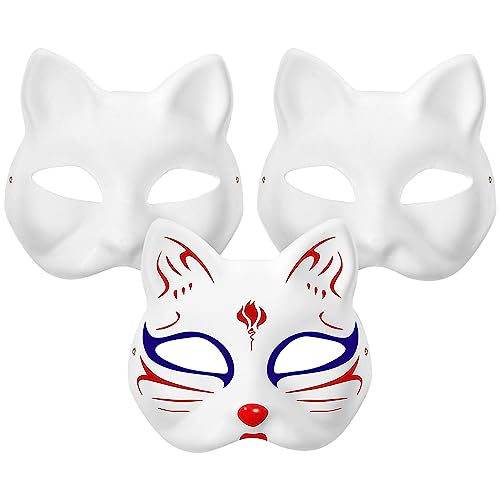 MUCKLILY 3 Stück Katzenmasken Therian-Masken Weiße Katzenmaske Aus Papier Unbemalt Blanko Diy-Halloween-Masken Tier-Halbgesichtsmasken Für Maskerade Cosplay-Party von MUCKLILY