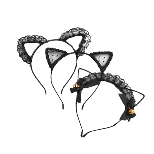 MUCKLILY 3 Stück Teiliges Spitzen katzenohren Haarreif Cosplay Haarschmuck mit Glocken Netz und Spitze Rutschfester Party Haarreifen für Frauen Mädchen Geeignet für Geburtstag Halloween von MUCKLILY