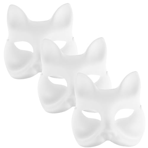 MUCKLILY 3 Stück Weiße Katzenmasken Aus Papier Therian-Maske Unbemalte Fuchsmasken Tier-Halbgesichtsmasken Maskerademasken Für Cosplay-Kostüm-Requisiten von MUCKLILY