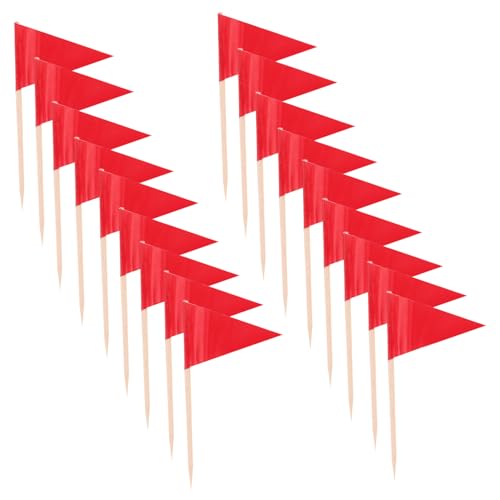 MUELODSIC 100 Stück Rote Zahnstocher Flaggen Kleine Dreieckige Mini Flaggen aus Ungiftigem Material Stabile Lebensmittelmarker für Kuchen Obst Cupcakes Partys und Buffetdekorationen von MUELODSIC