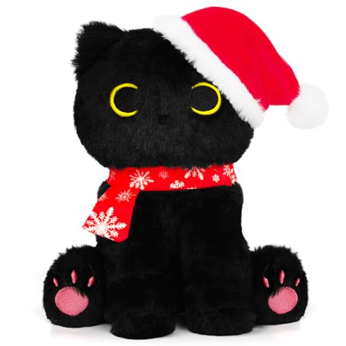 MUFEIRUO Schwarze Katze Plüschtier mit Weihnachtsmütze,22cm Weihnachtskatze Schwarze Katze Stofftier,Niedliche Plüsch Katze Spielzeug, Kinder Jungen Mädchen von MUFEIRUO