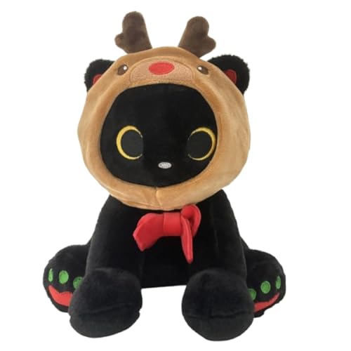 Schwarze Katze Plüschtier mit Elchhut Kopfhaube,Weihnachten Katze Plüsch Stofftier mit Abnehmbare Kapuze,Kuscheltier Geschenk zum Geburtstag,Weihnachten von MUFEIRUO