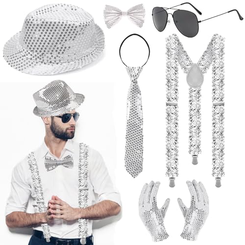6 Stück Glitzer Outfit Herren, Glitzer Kostüm Accessoires mit Glitzer Hut, Hosenträger, Fliege, Krawatte, Handschuhe, Sonnenbrille, Pailletten Disco Outfit Herren für Fasching Party Dance Performance 6 Stück Glitzer Outfit Herren, Glitzer Kostüm Accessoires mit Glitzer Hut, Hosenträger, Fliege, Krawatte, Handschuhe, Sonnenbrille, Pailletten Disco Outfit Herren für Fasching Party Dance Performance von MUFEKUM