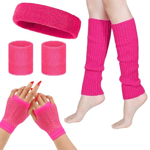 MUFEKUM 80er Jahre Kostüm Zubehör, Beinstulpen Fischnetz Handschuhe Stirnband Armbänder Schweißbänder Neon Set 1980er Retro Motto Party Kostüme Neon Party Zubehör, rose, One size von MUFEKUM