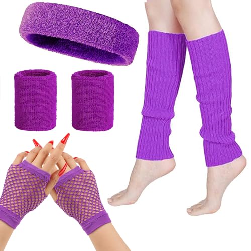 MUFEKUM 80er Jahre Faschingskostüme Zubehör Beinwärmer Fischnetz Handschuhe Stirnband Armbänder Schweißbänder Neon Set 1980er Retro Motto Party Kostüme Neon Party Zubehör, violett, One size von MUFEKUM