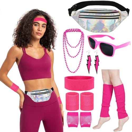 MUFEKUM 90er 80er Jahre Outfit Damen Set, 8 Stück 80er Kostüm Accessoires für Neon Thema Party Damen 80er 90er jahre Accessoires Neon Accessoires (Rose) von MUFEKUM