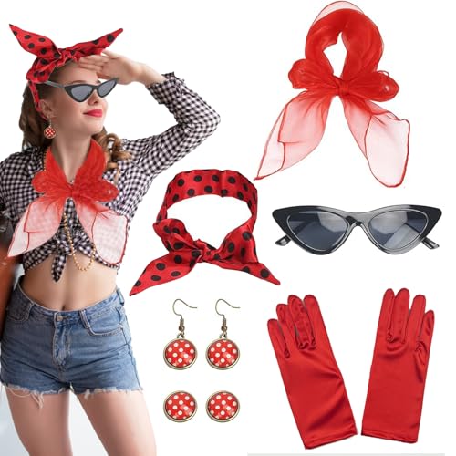 MUFEKUM Rockabilly Accessoires Damen, 50er Jahre Kleider Zubehör Mit Chiffon Schal, Handschuhe, Sonnenbrille, Polka Dot Stirnband, Ohrringe - 50er 60er Jahre Outfit (Rot) von MUFEKUM