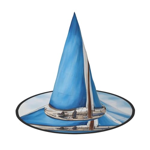 MUFLVDX Blauer Segelboot-Druck, Halloween-Hexenhut, Erwachsene, Halloween-Kostüme, Hexenhüte, Halloween-Dekoration, Party von MUFLVDX